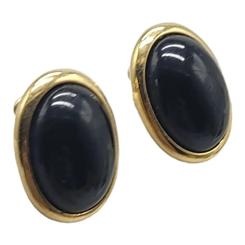 Trifari 1980s Gold Tone Oval Black Acrylic Cabochon Post Earrings Vintage